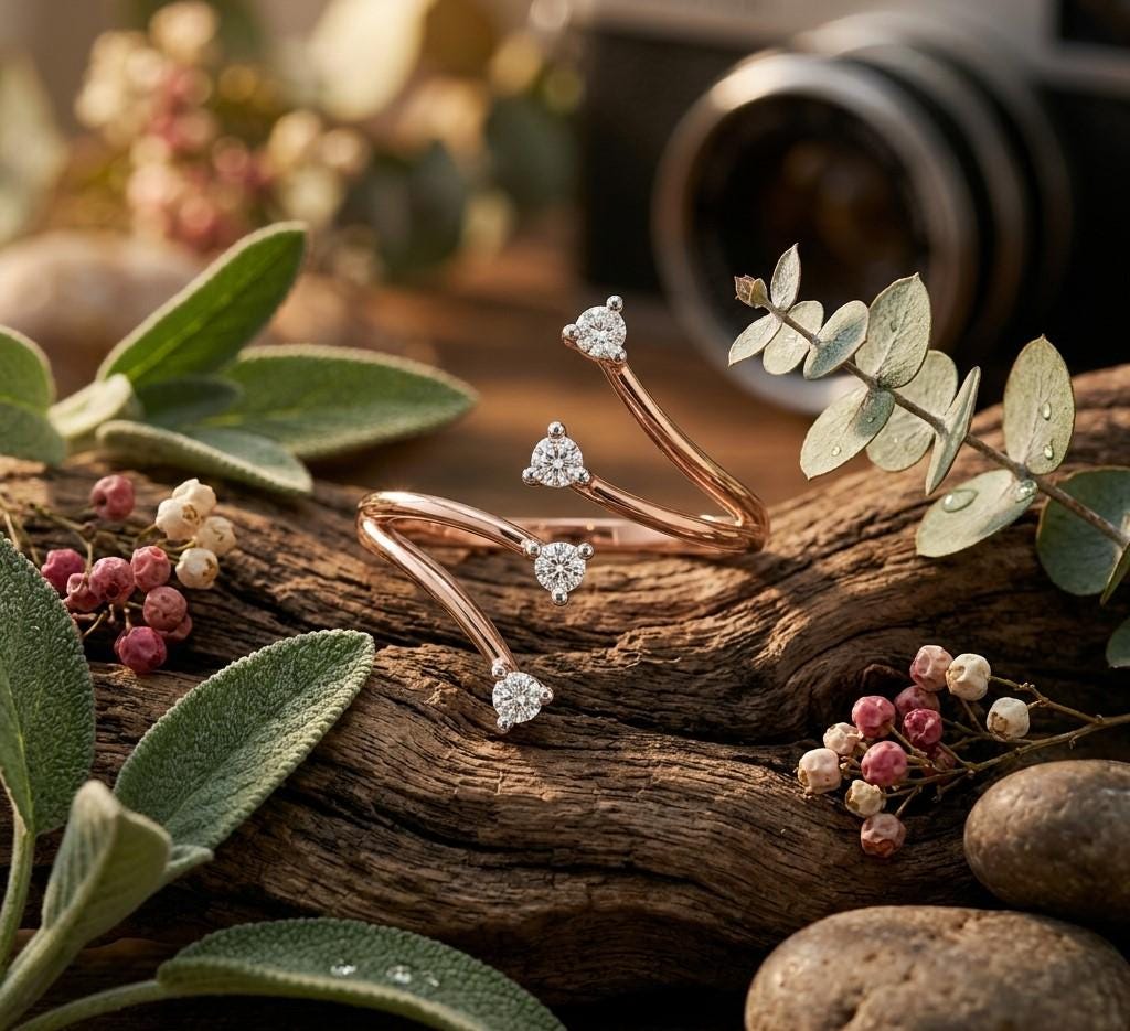 Riora Moissanite open wrap ring with minimalist diamond style curved band in gold, rose gold, and silver jewelry featuring sparkling stones.