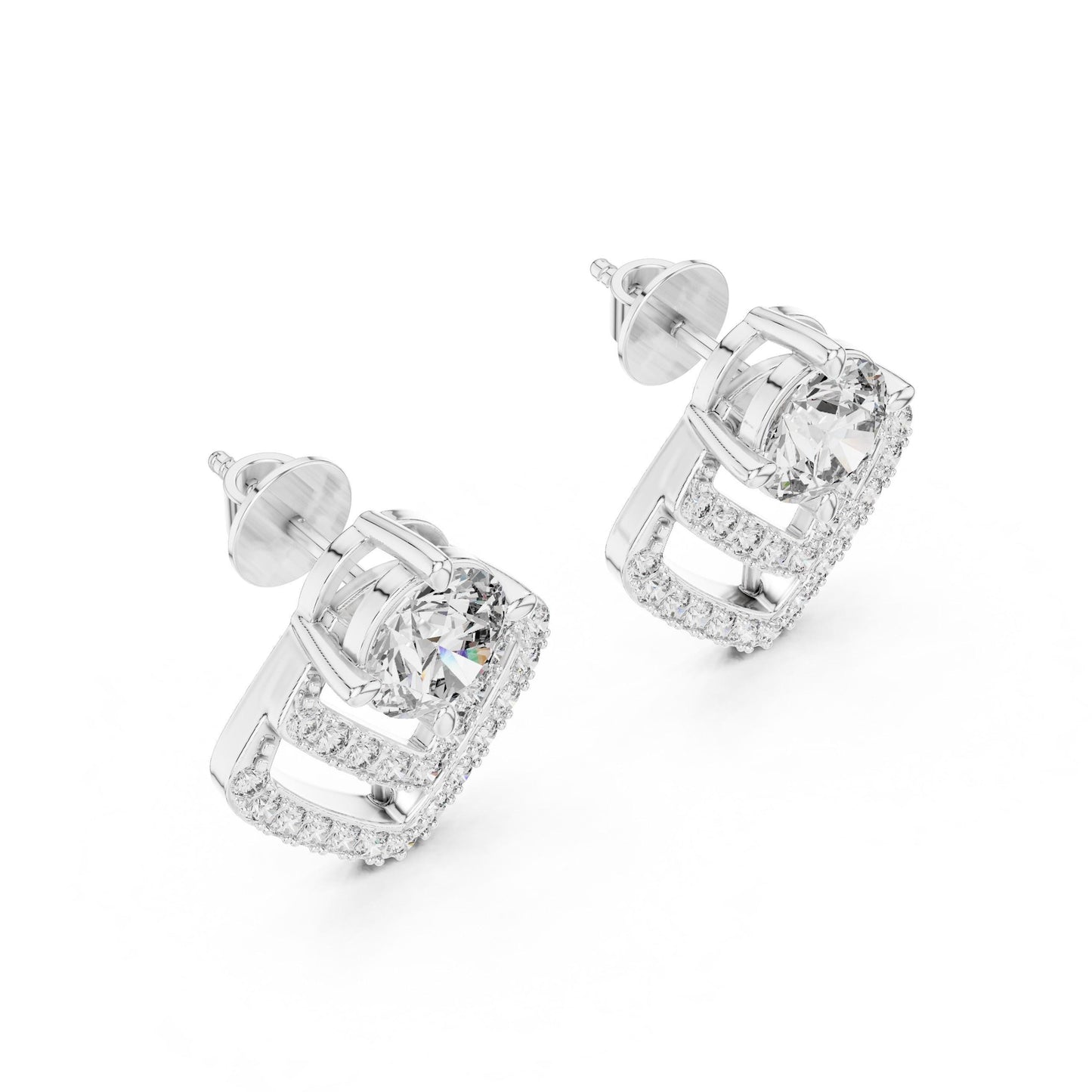 Gold and rose gold geometric moissanite diamond stud earrings featuring minimalist triangle design by Riora.