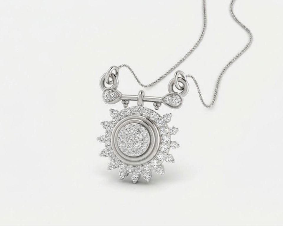Moissanite sunburst necklace by Riora featuring a gold, rose, and silver bridal pendant with minimalist luxury design.