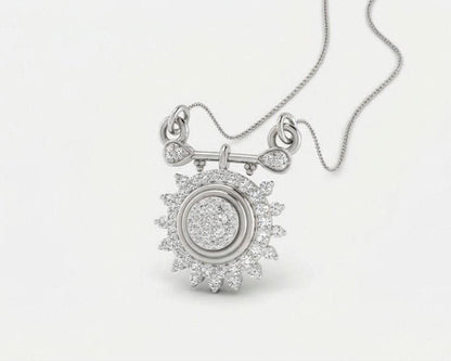 Moissanite sunburst necklace by Riora featuring a gold, rose, and silver bridal pendant with minimalist luxury design.