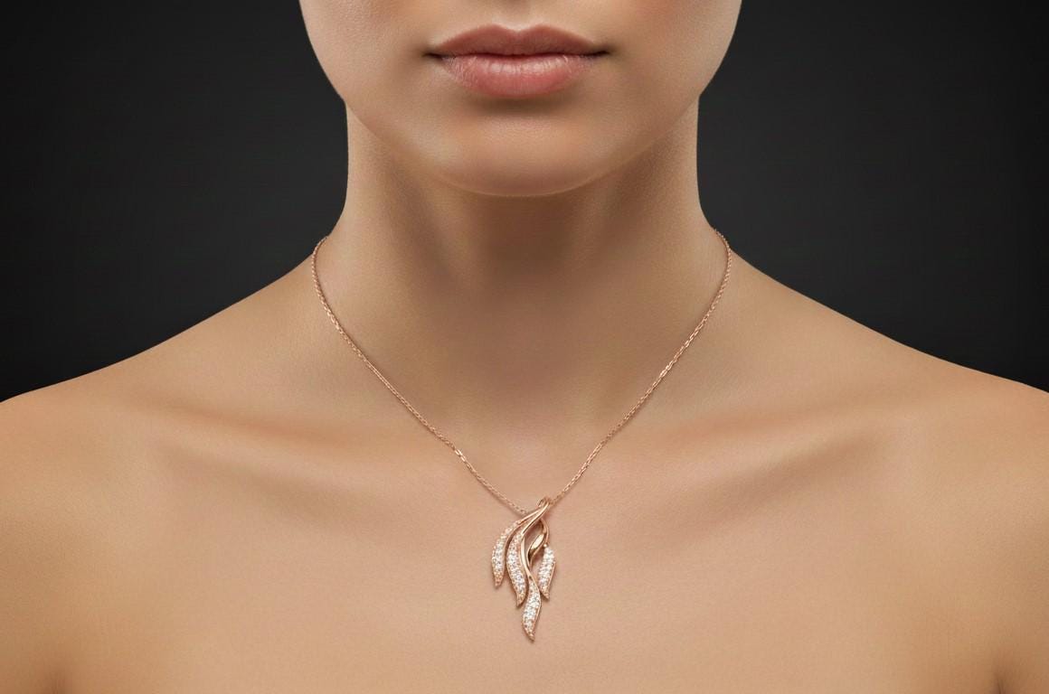 Moissanite Leaf Pendant Necklace for Women | Gold, Rose Gold & Silver | Bridal & Valentine Gift