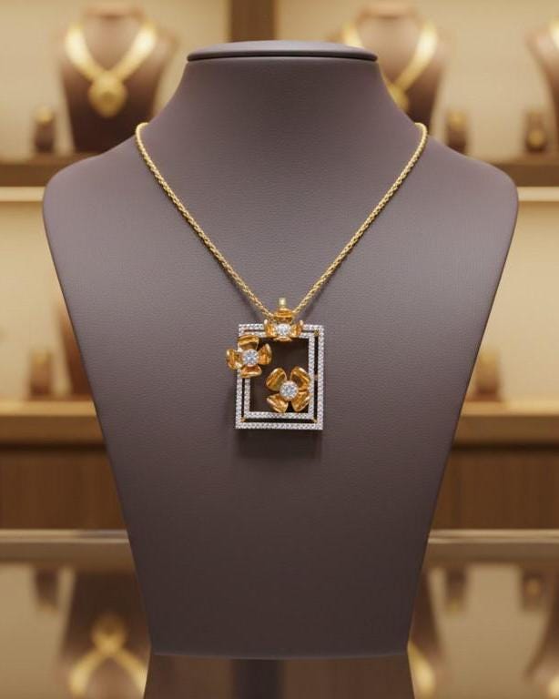 Floral Square Pendant Necklace – Gold Rose Silver, 22in Adjustable Chain, Hypoallergenic Gift for Her