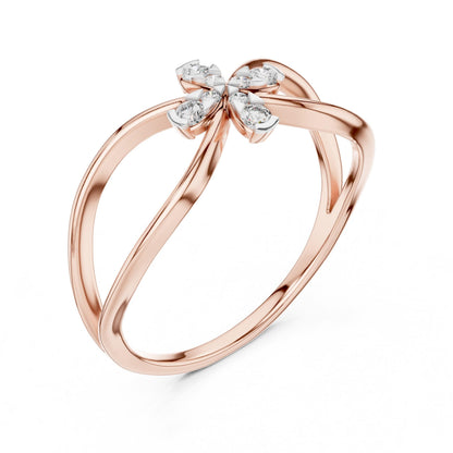 Rose gold moissanite flower ring with diamond-style floral design, minimalist wedding and engagement band by Riora.