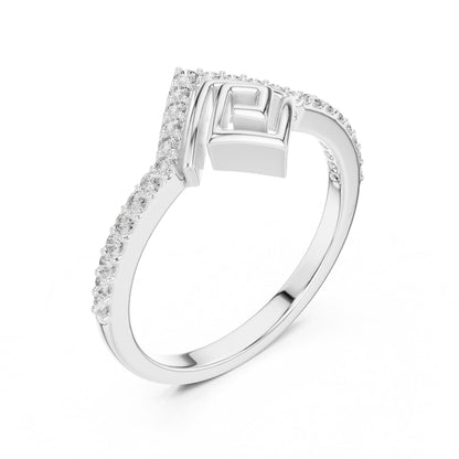 Rose gold geometric moissanite chevron ring by Riora, minimalist stacking wedding band with dainty design for women.