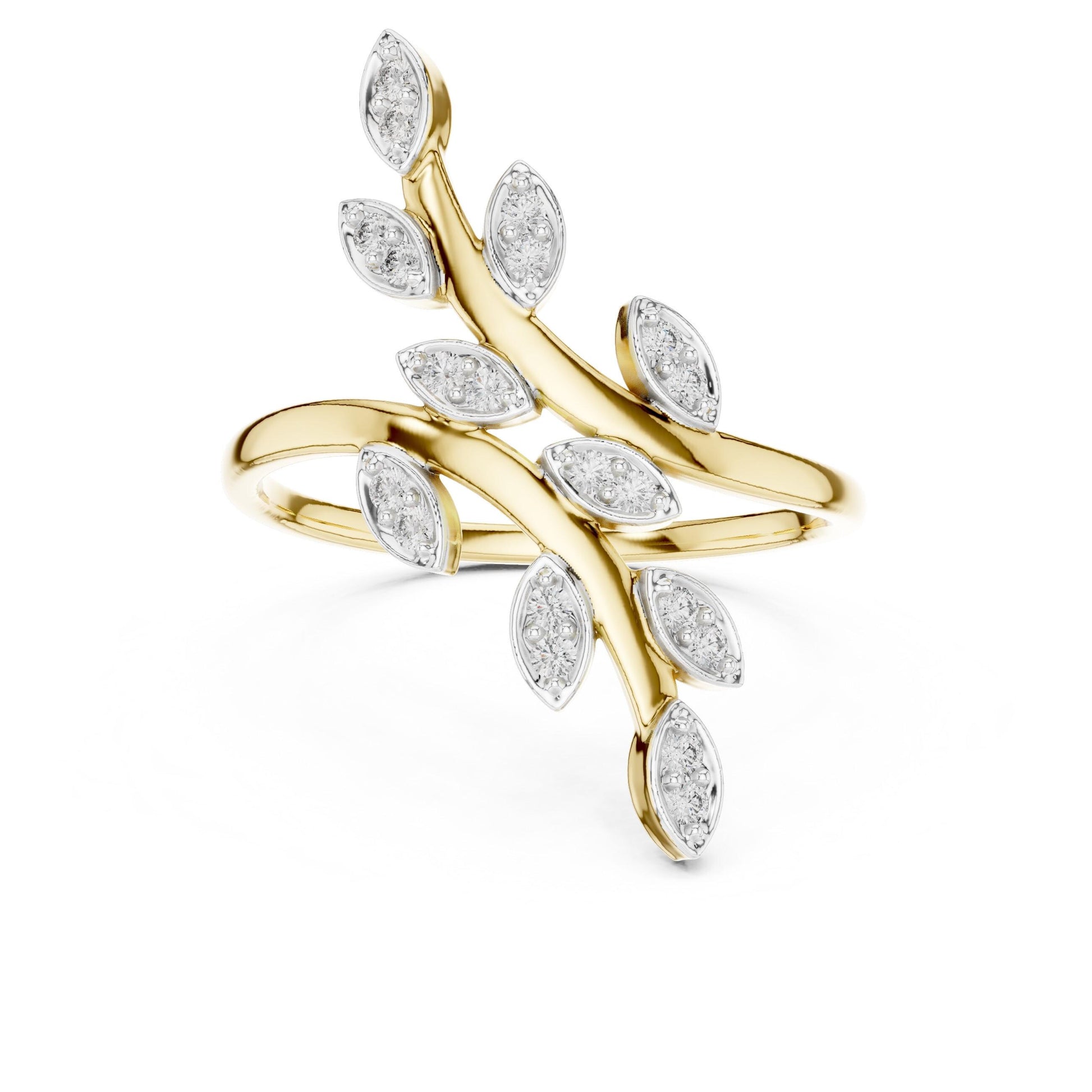 Rose gold Moissanite leaf branch ring with botanical vine design, inspired by nature, featuring intricate leaf and vine details.