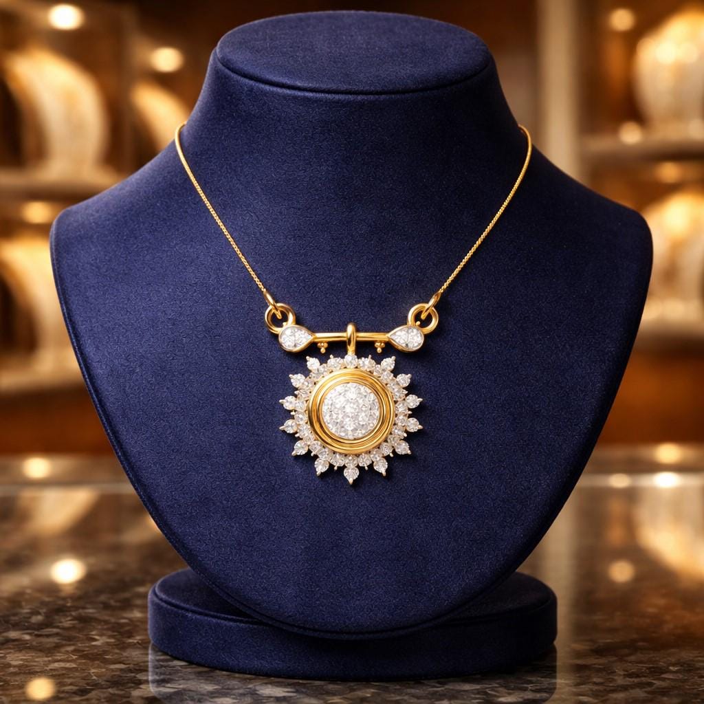 Riora Moissanite Sunburst Necklace in gold, rose, and silver with a bridal pendant, minimalist luxury jewelry for women.