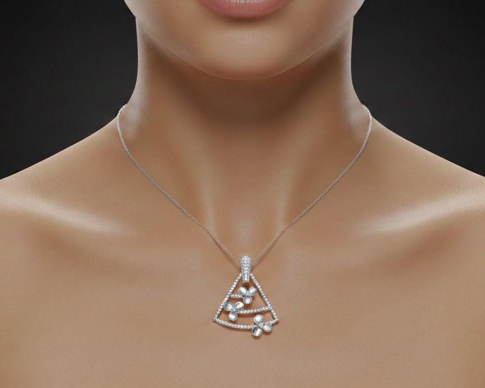 Moissanite Triangle Pendant Necklace in Gold Rose Silver | Floral Geometric Charm | 22in Adjustable Chain
