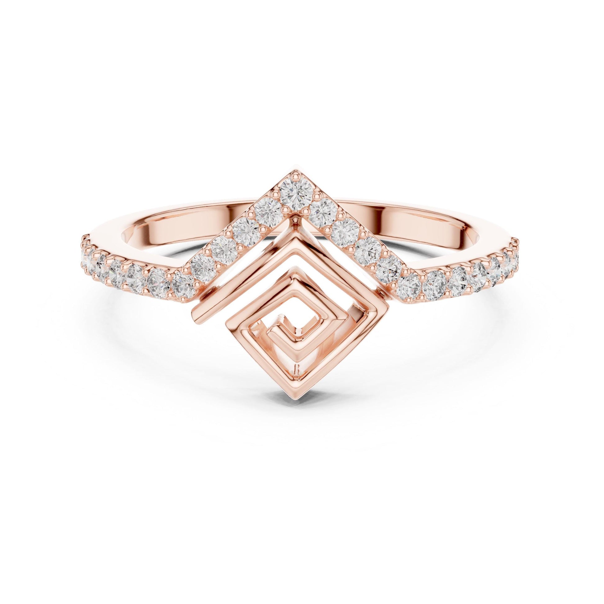 Rose gold geometric moissanite chevron ring with minimalist design, perfect for stacking or as a dainty wedding band.