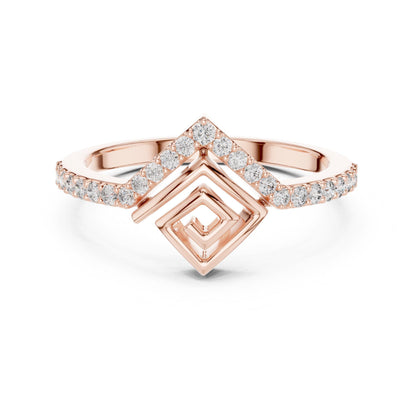 Rose gold geometric moissanite chevron ring with minimalist design, perfect for stacking or as a dainty wedding band.