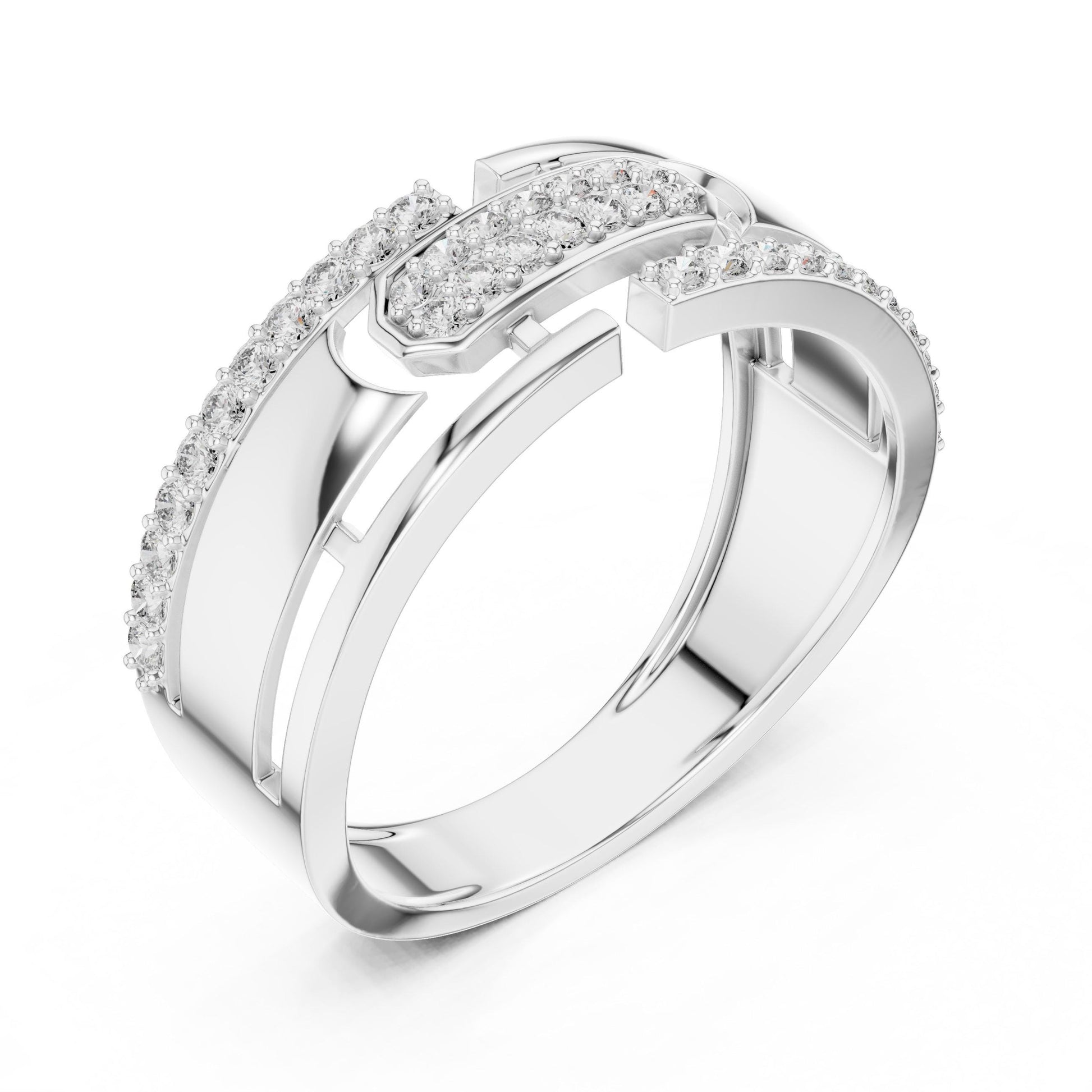 Riora luxury CZ link band ring in gold, rose, and silver with hypoallergenic design, perfect for statement or anniversary wear.
