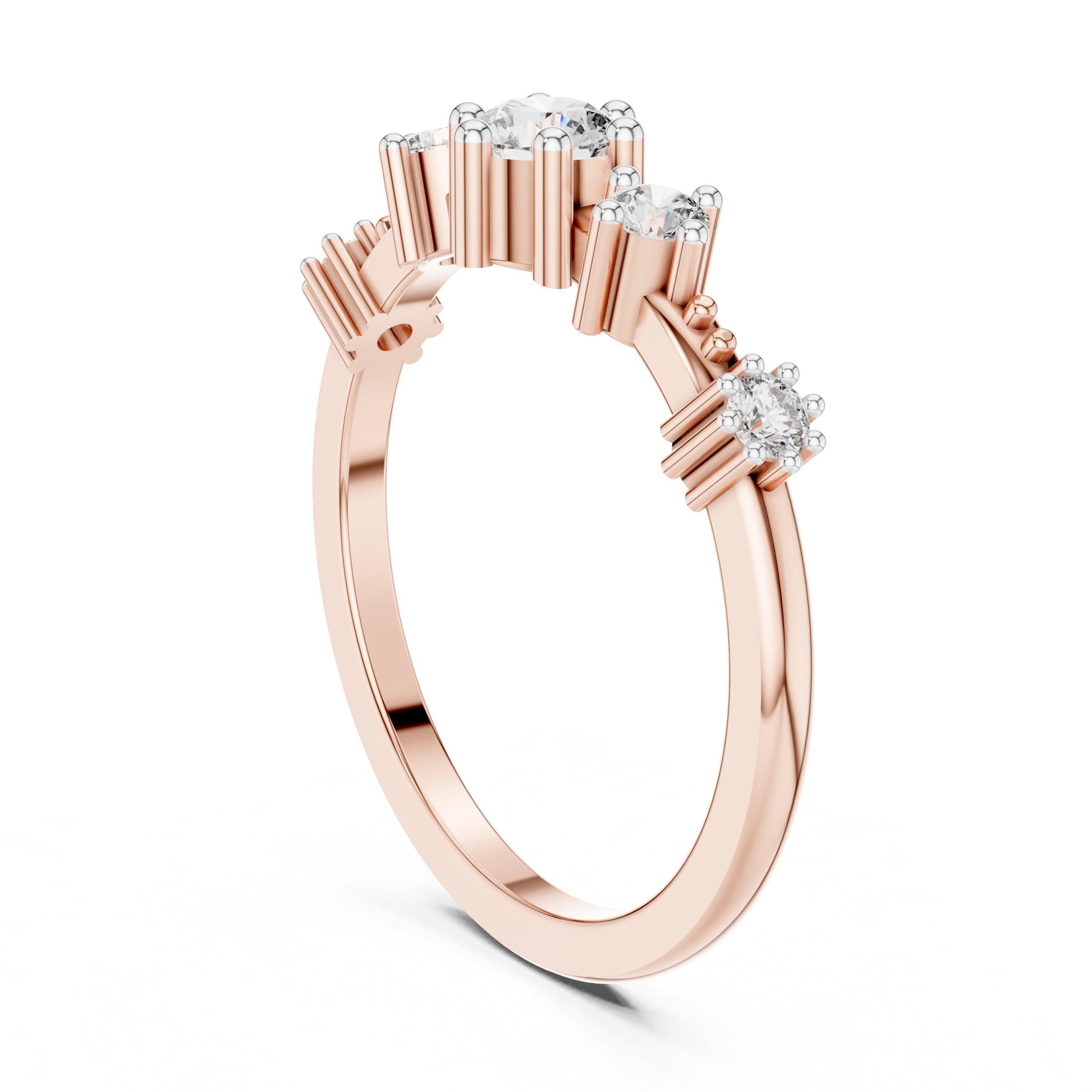 Riora Moissanite five stone vintage crown prong engagement and anniversary band with rose gold finish on a woman's hand