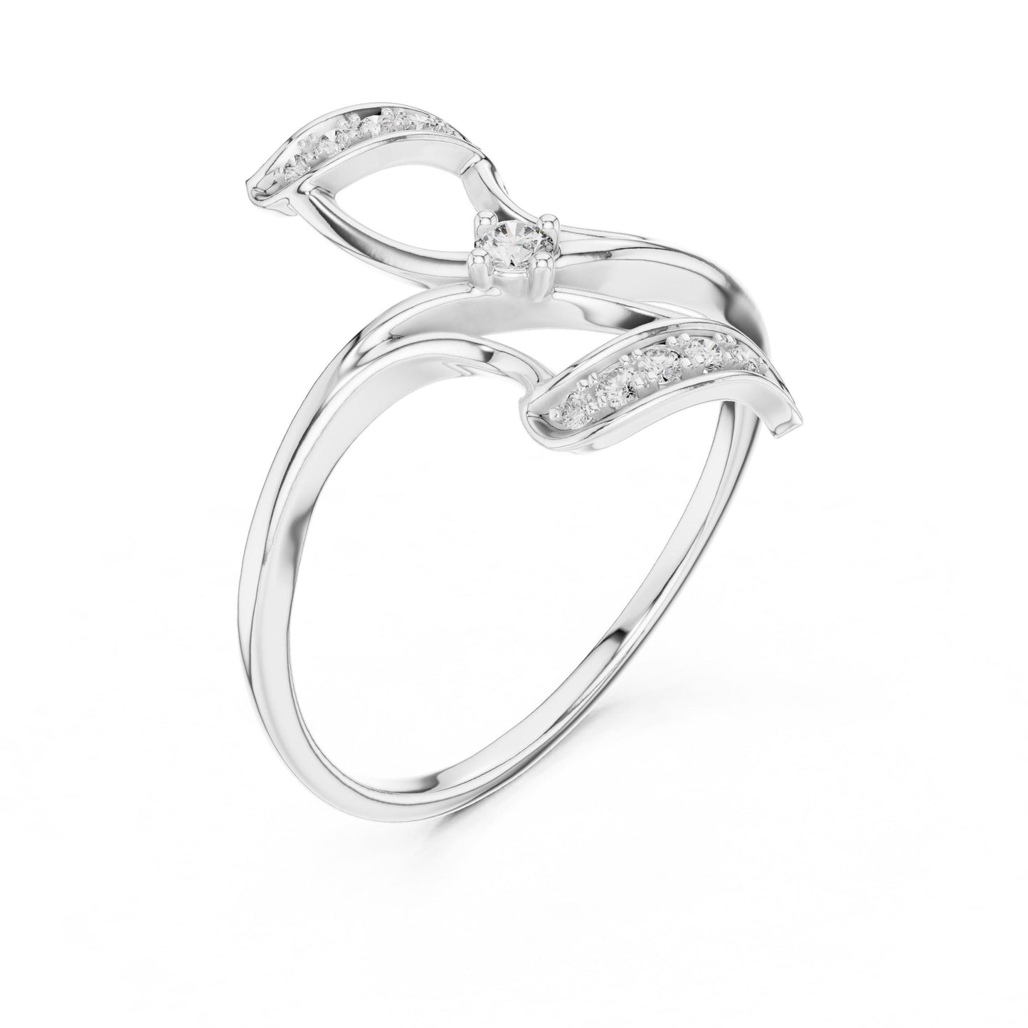 Rose gold Moissanite leaf twist ring by Riora, featuring a nature-inspired vine design for a minimalist wedding band.