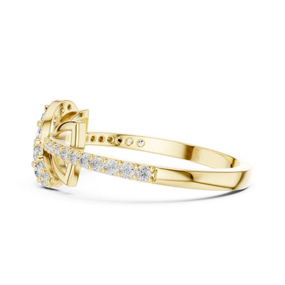 Riora infinity knot moissanite diamond ring with gold and rose accents, minimalist dainty wedding promise band jewelry.