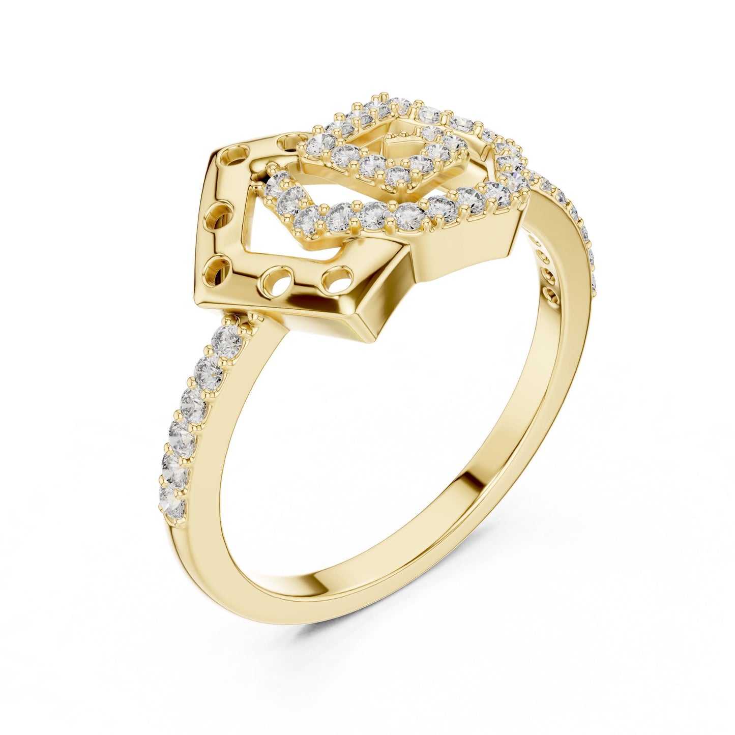 Gold and silver geometric CZ ring by Riora featuring a bold statement band for women’s engagement and promise jewelry.