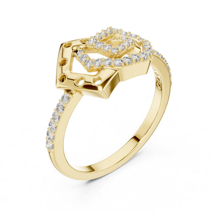 Gold and silver geometric CZ ring by Riora featuring a bold statement band for women’s engagement and promise jewelry.