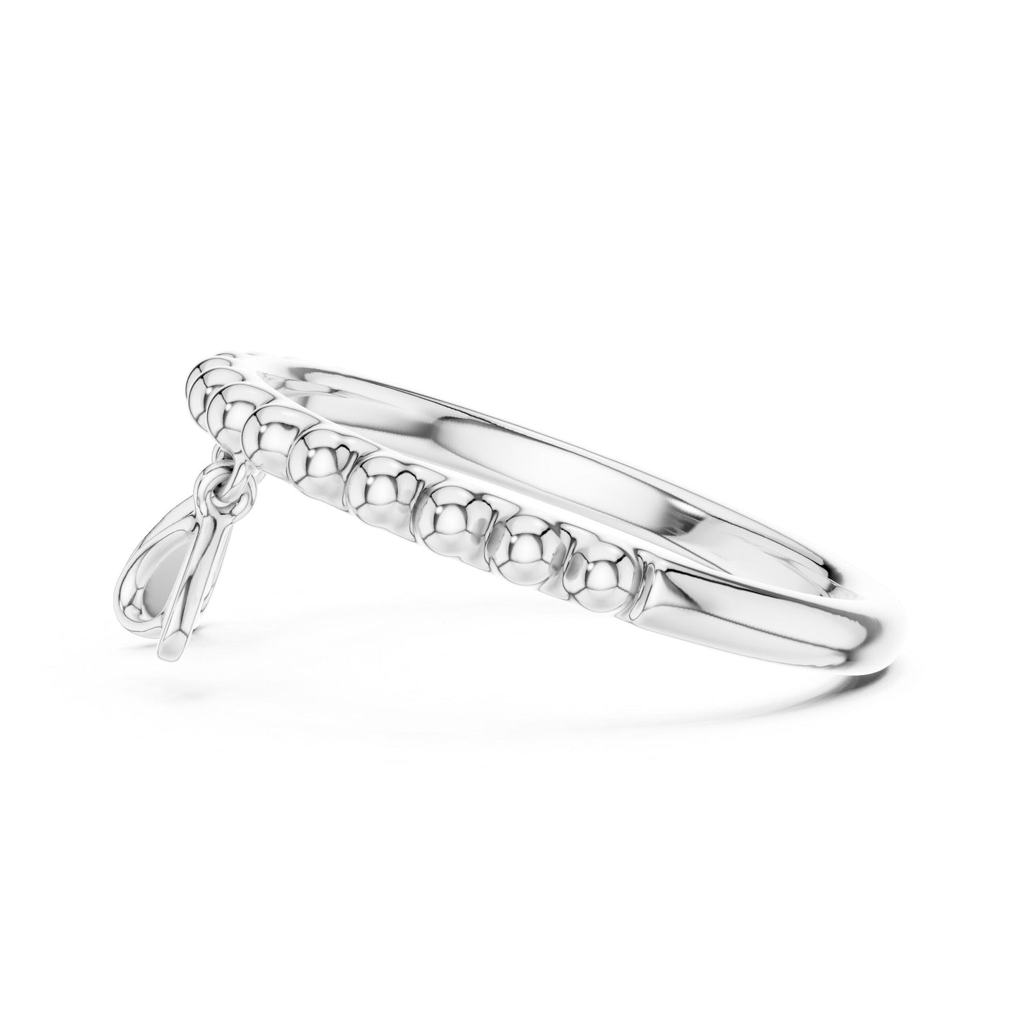 Rose gold Moissanite heart charm dangle ring with beaded band, romantic minimalist jewelry by Riora.
