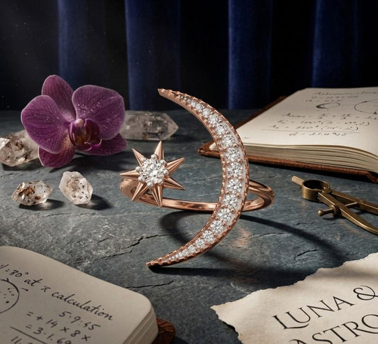Riora celestial moon star ring with moissanite and crescent diamond in rose gold, featuring an astral-inspired design.