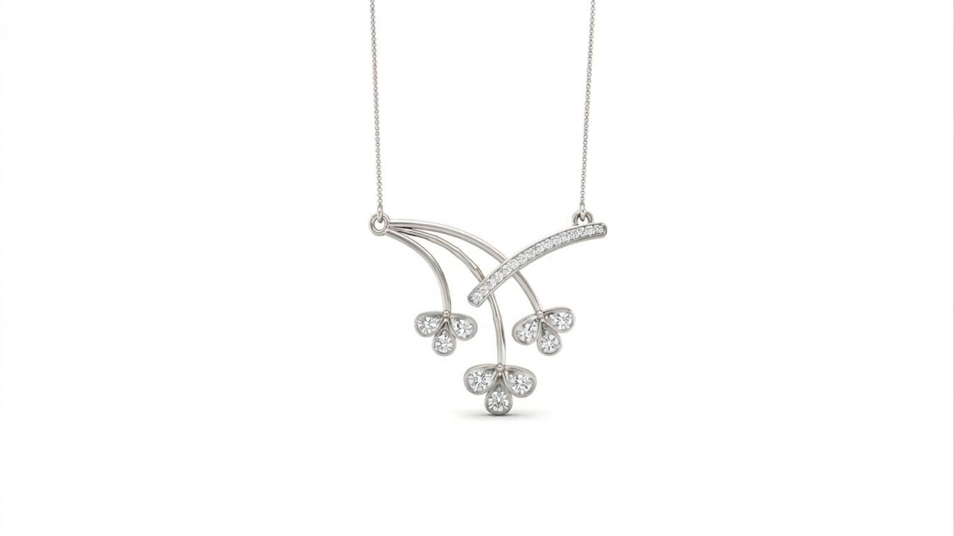 Riora Moissanite floral branch necklace with diamond flower pendant in gold rose gold, elegant bridal wedding jewelry.