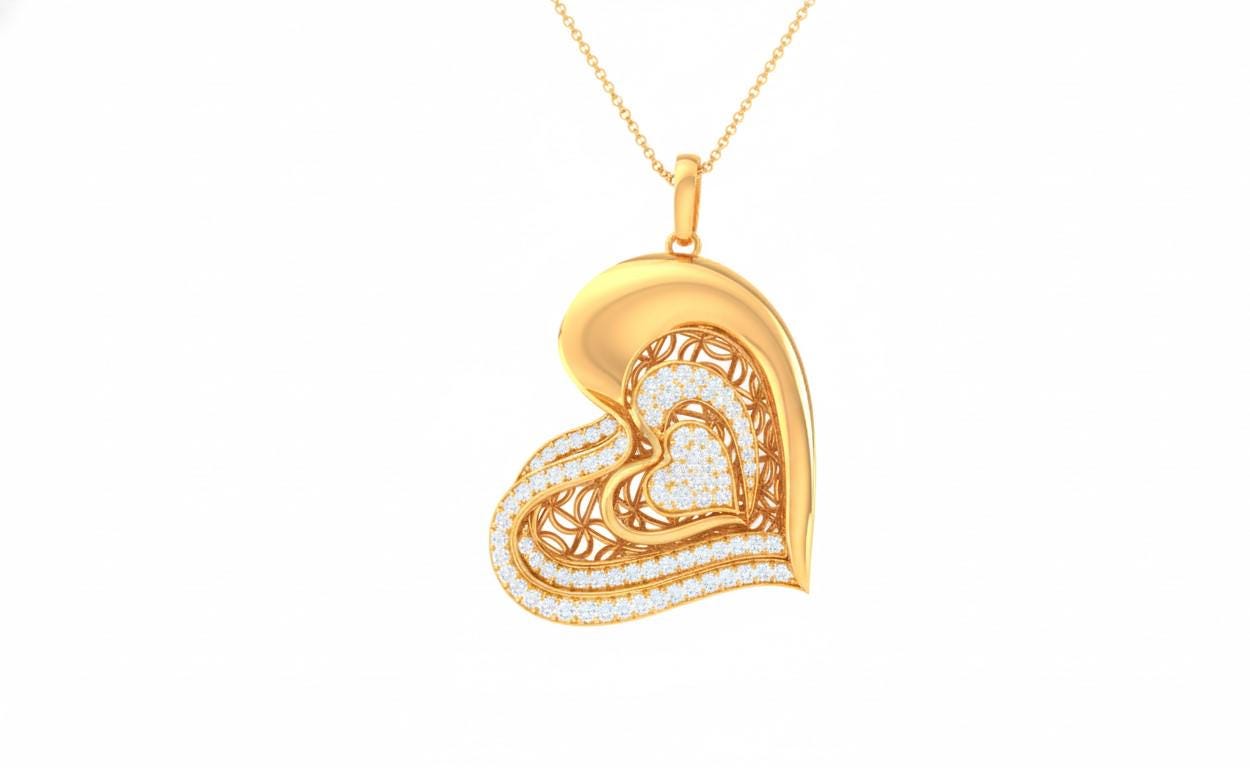 Moissanite Heart Pendant Necklace – Rose Gold Filigree, Adjustable Chain