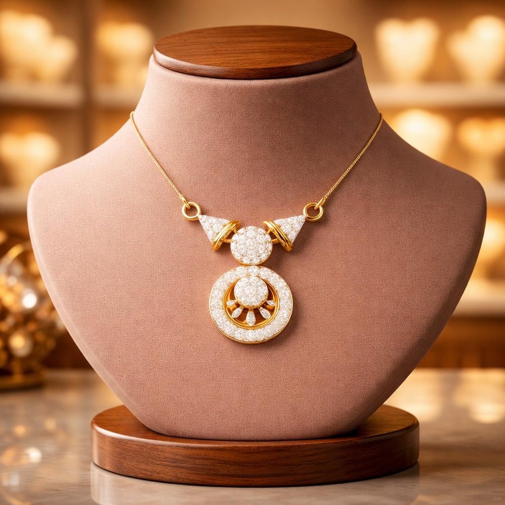 Riora Moissanite statement pendant necklace with bridal halo drop design in rose gold and silver for women.