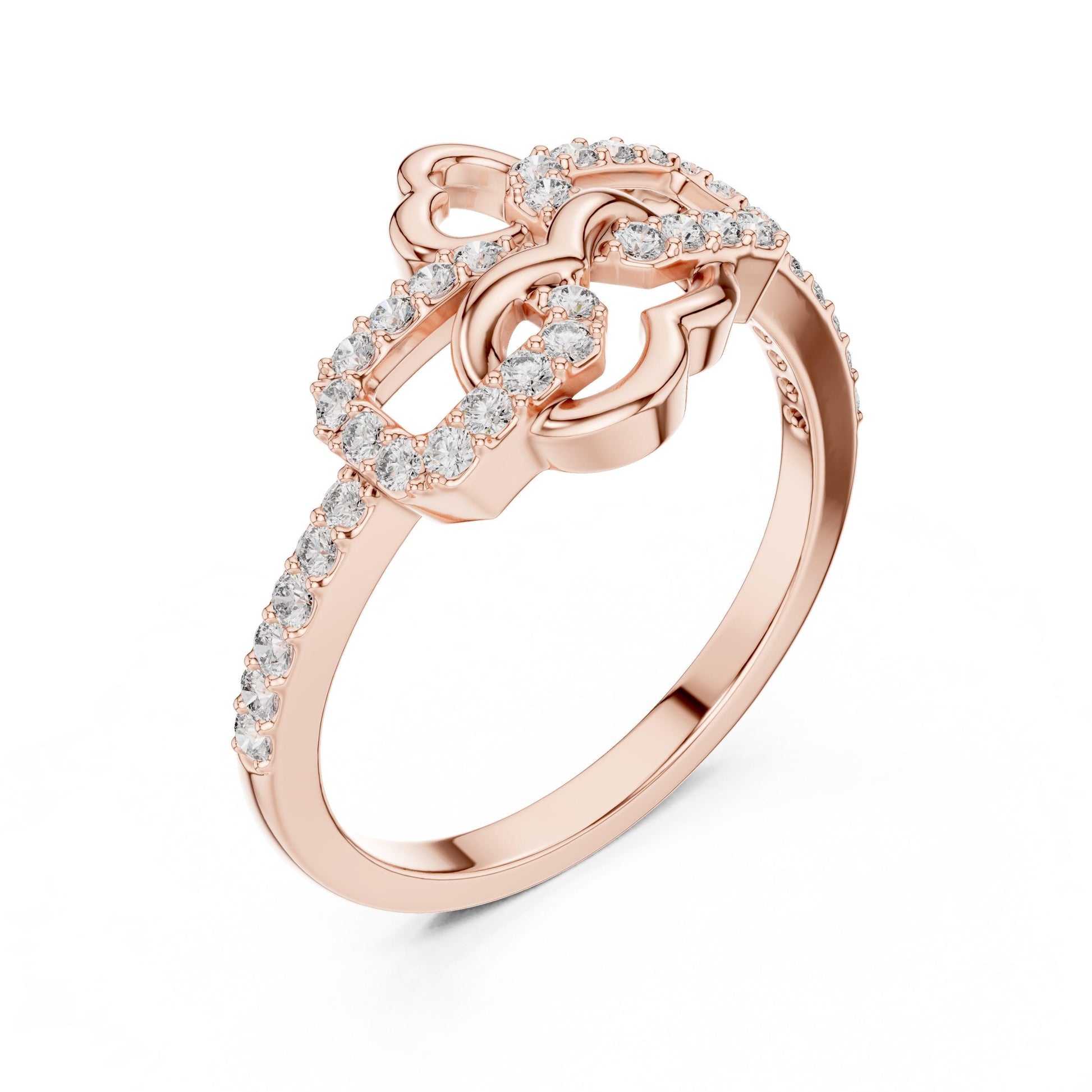 Riora Moissanite diamond double heart buckle ring with romantic promise band and minimalist love design on silver jewelry.