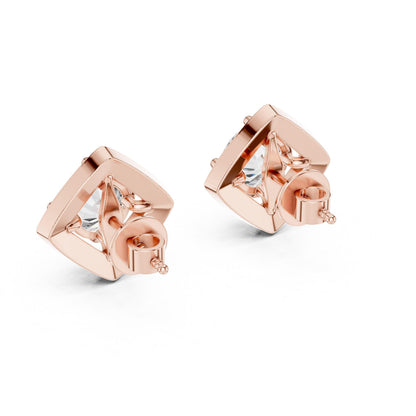 Riora moissanite diamond stud earrings in rose gold and silver, minimalist bridal jewelry for women.