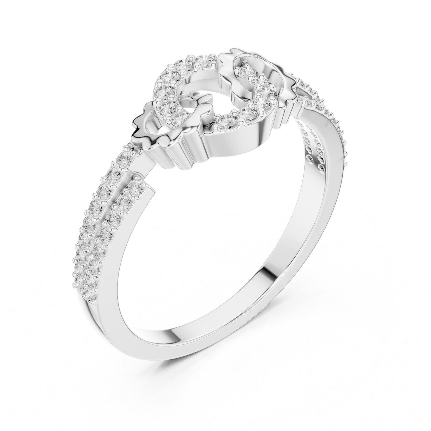 Riora Infinity Halo Moissanite diamond ring with interlocking promise band, minimalist design, dainty wedding jewelry for special occasions