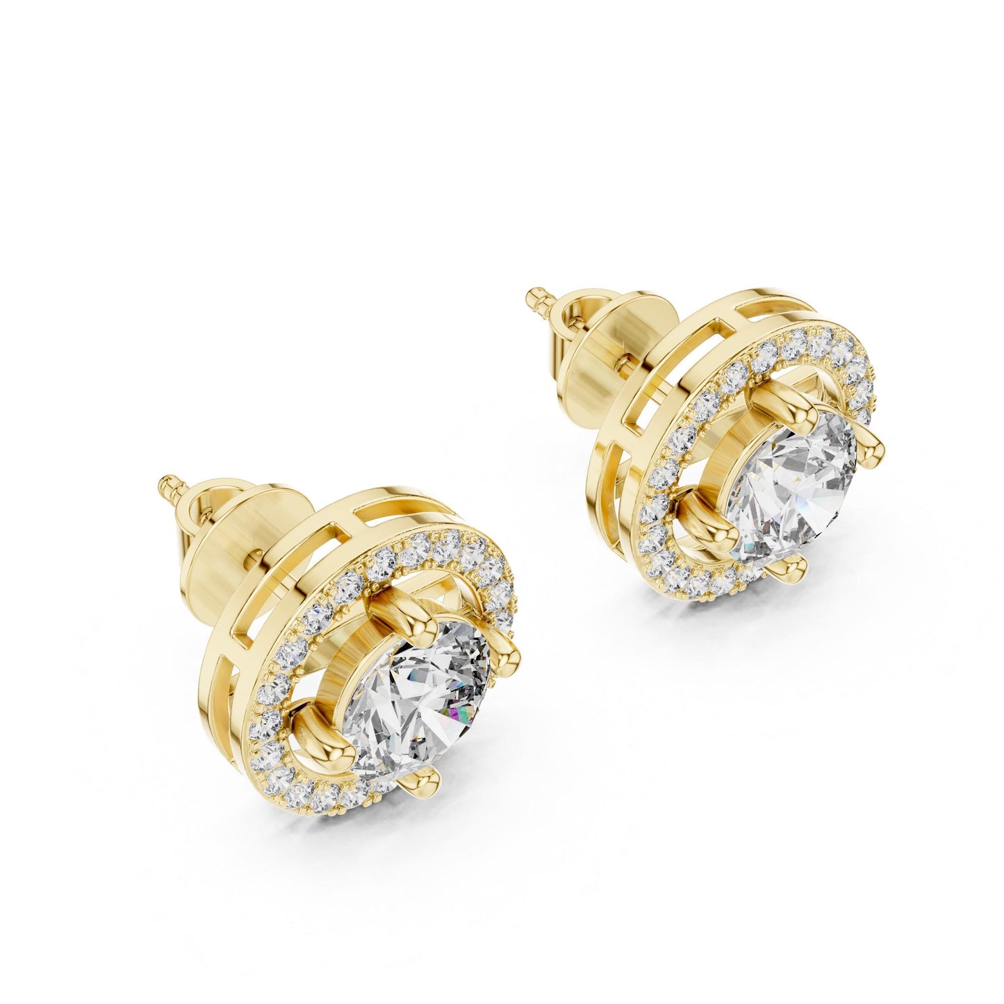 Riora 6.5mm Moissanite diamond halo stud earrings in gold and rose gold, bridal wedding jewelry with sparkling gemstones.