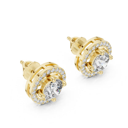 Riora 6.5mm Moissanite diamond halo stud earrings in gold and rose gold, bridal wedding jewelry with sparkling gemstones.