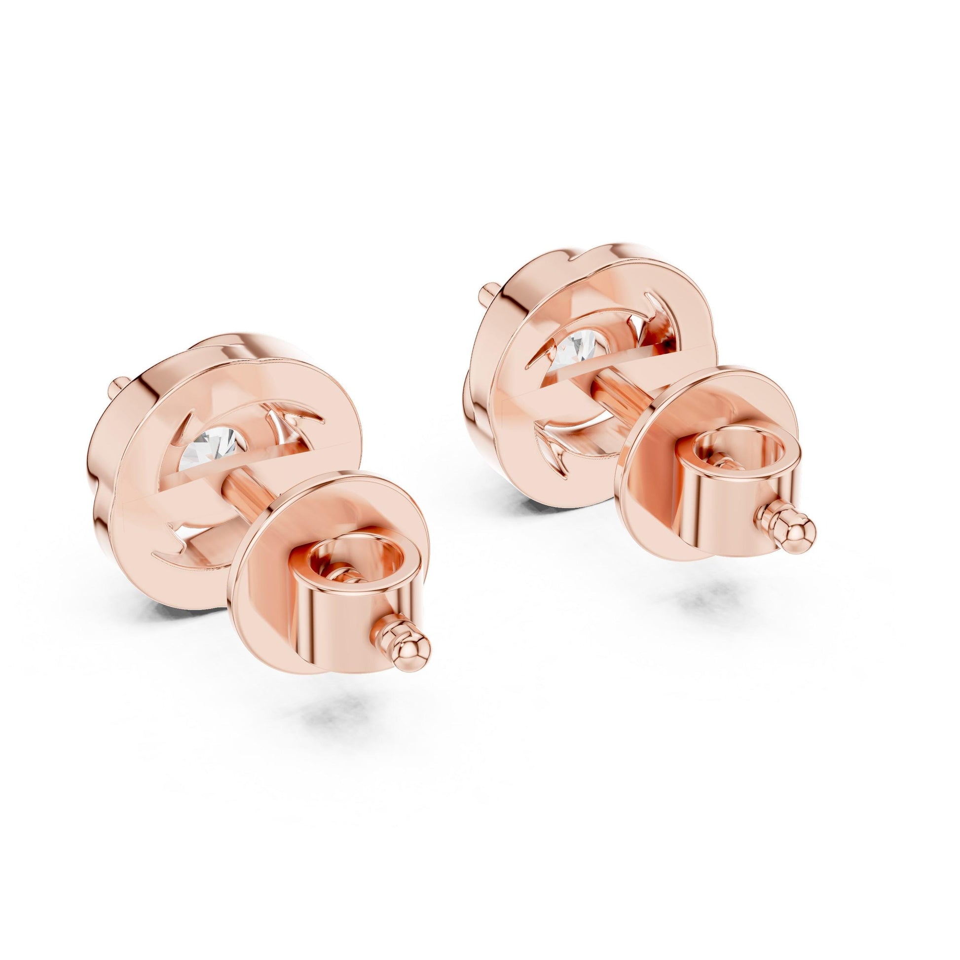Riora moissanite diamond stud earrings in gold, rose, and silver featuring minimalist tiny sparkle design for everyday or bridal wear