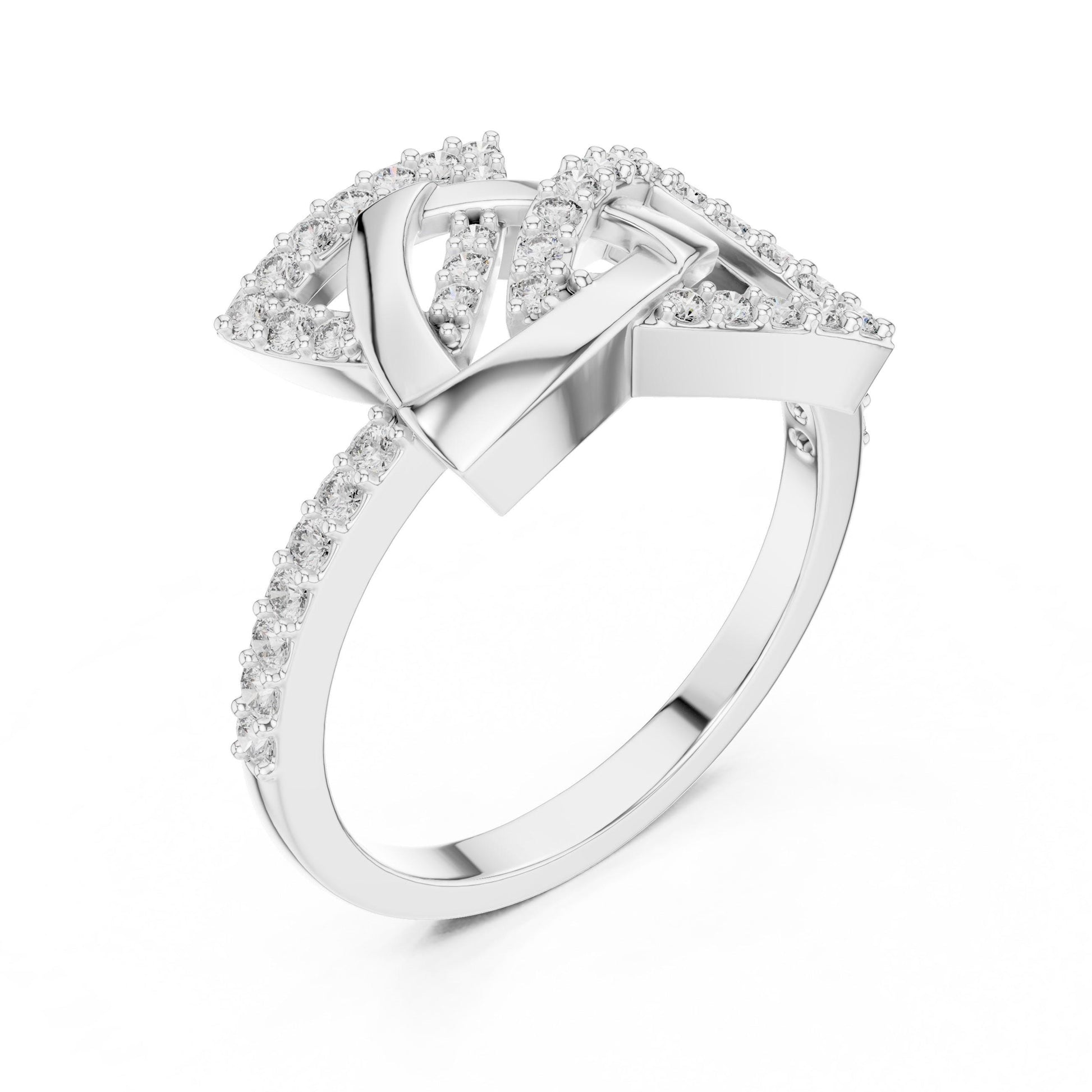 Riora geometric moissanite diamond statement ring in rose gold with modern minimalist design, featuring bold geometric shapes.