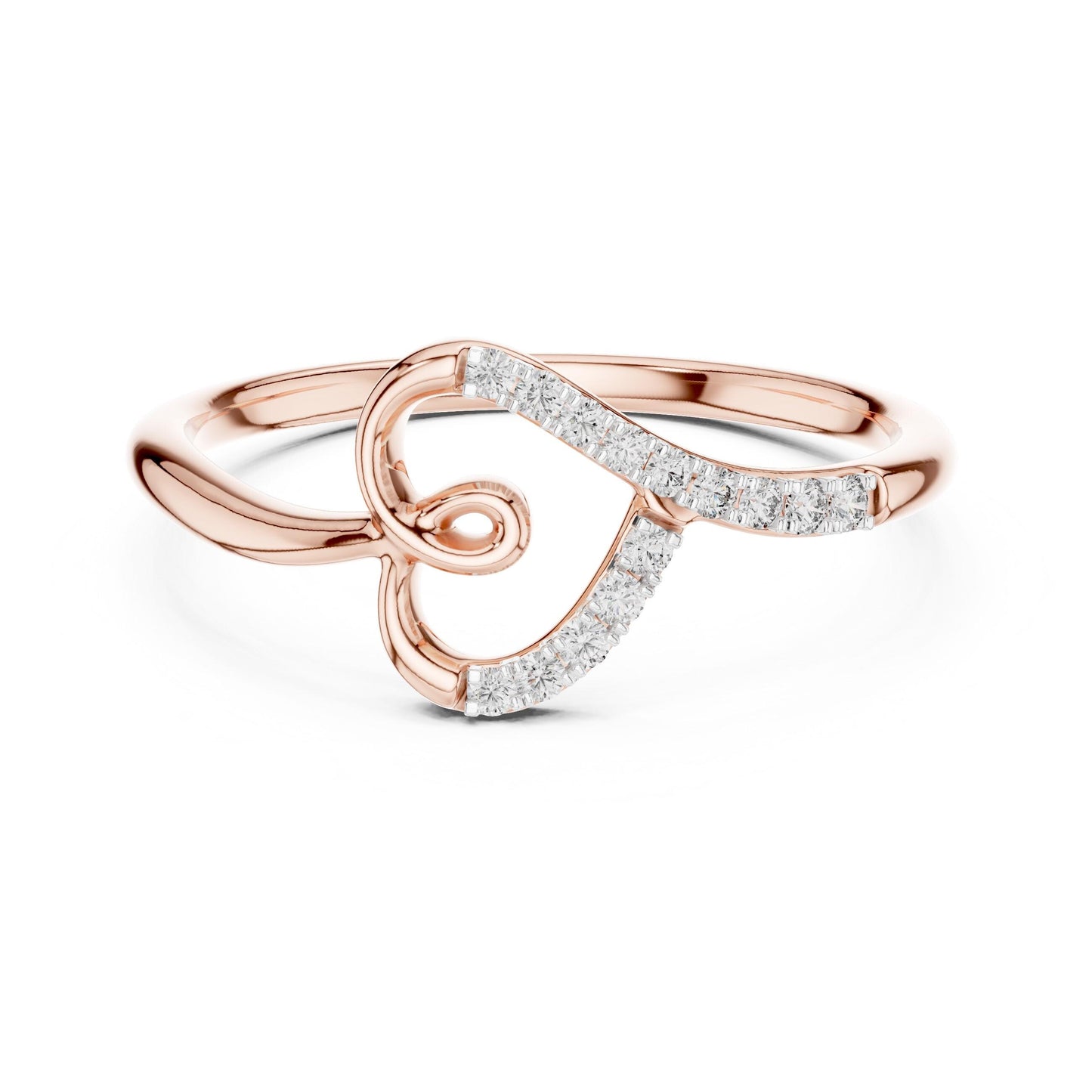 Riora moissanite heart-shaped ring with curved diamond bands in rose gold and silver, minimalist romantic jewelry.