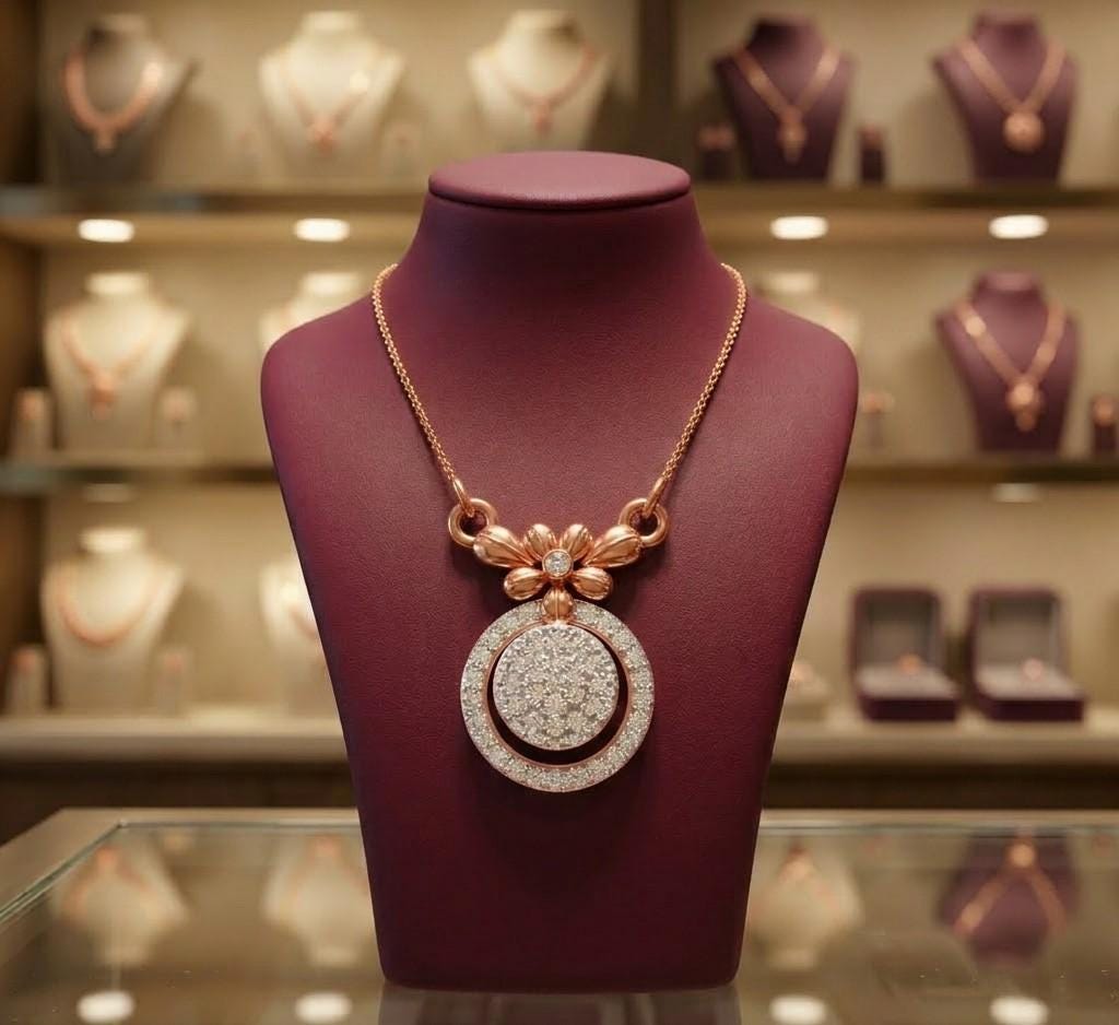 Rose gold moissanite floral halo pendant necklace with adjustable chain, elegant bridal statement jewelry by Riora.