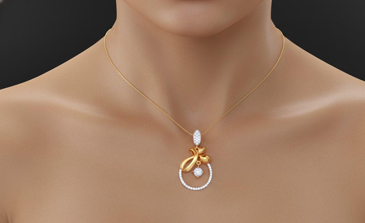 Silver Bow Pendant  Rose Gold Circle, Adjustable Chain Moissanite Necklace