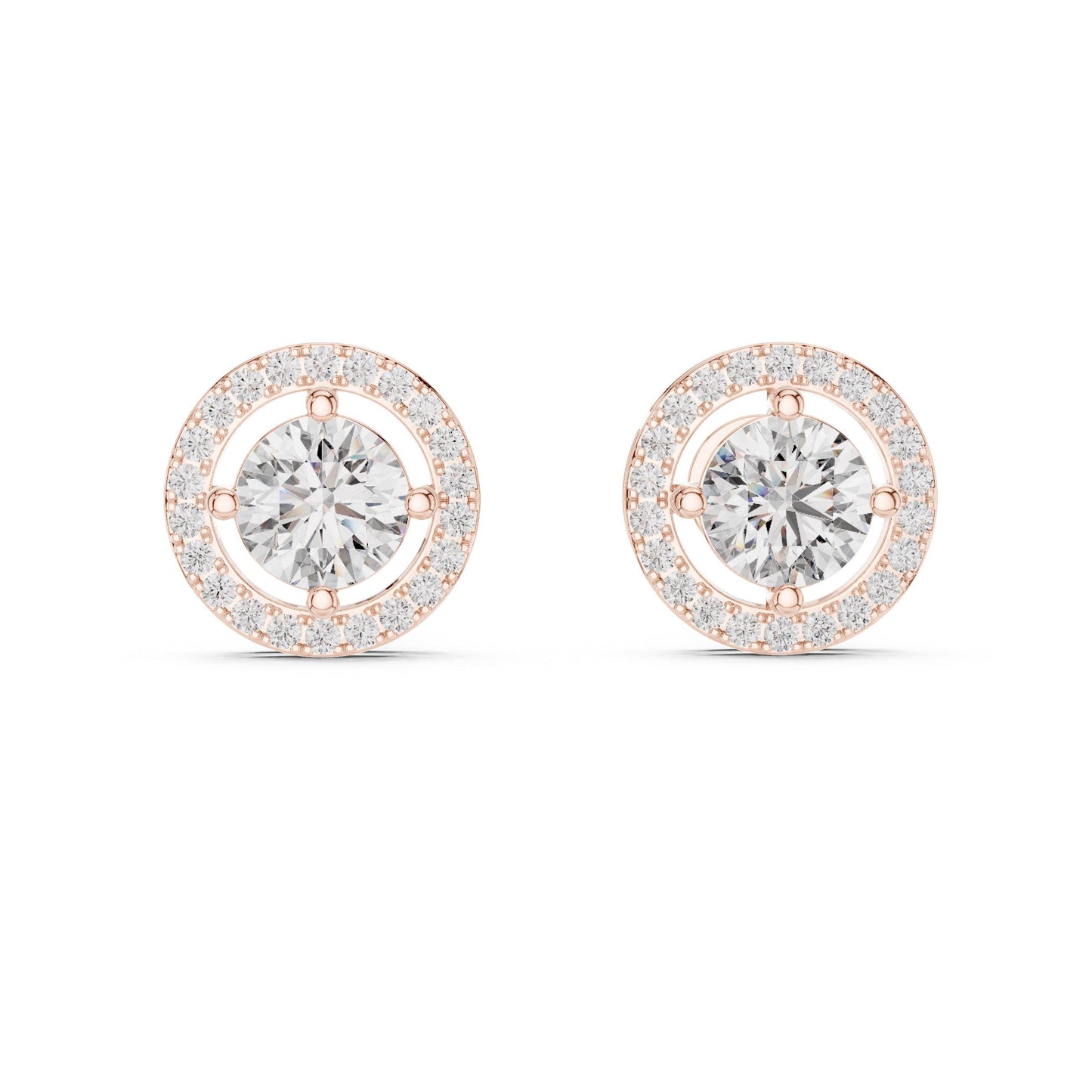 Riora 6.5mm Moissanite diamond halo stud earrings in gold and rose gold, perfect bridal wedding jewelry or gift.