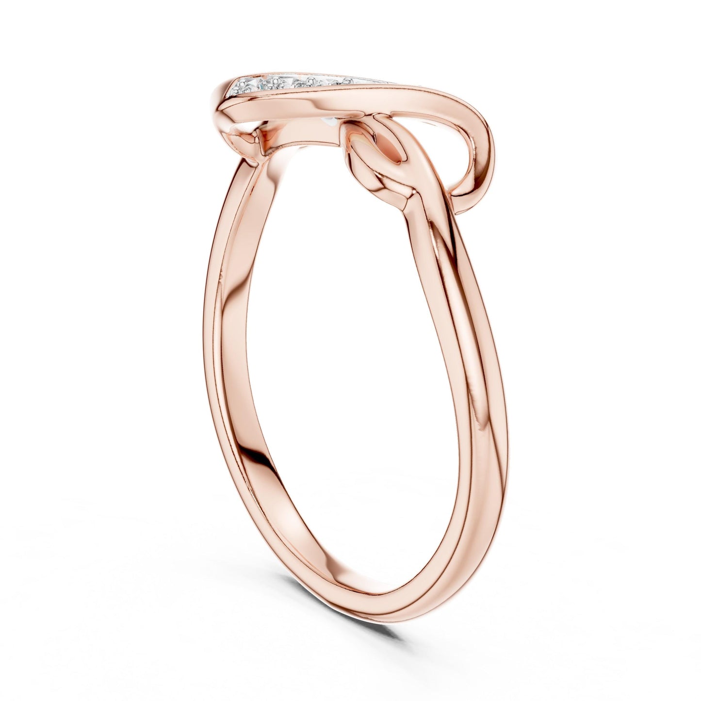 Riora Infinity Knot Moissanite diamond ring, dainty minimalist promise band with stackable design and infinity symbol.