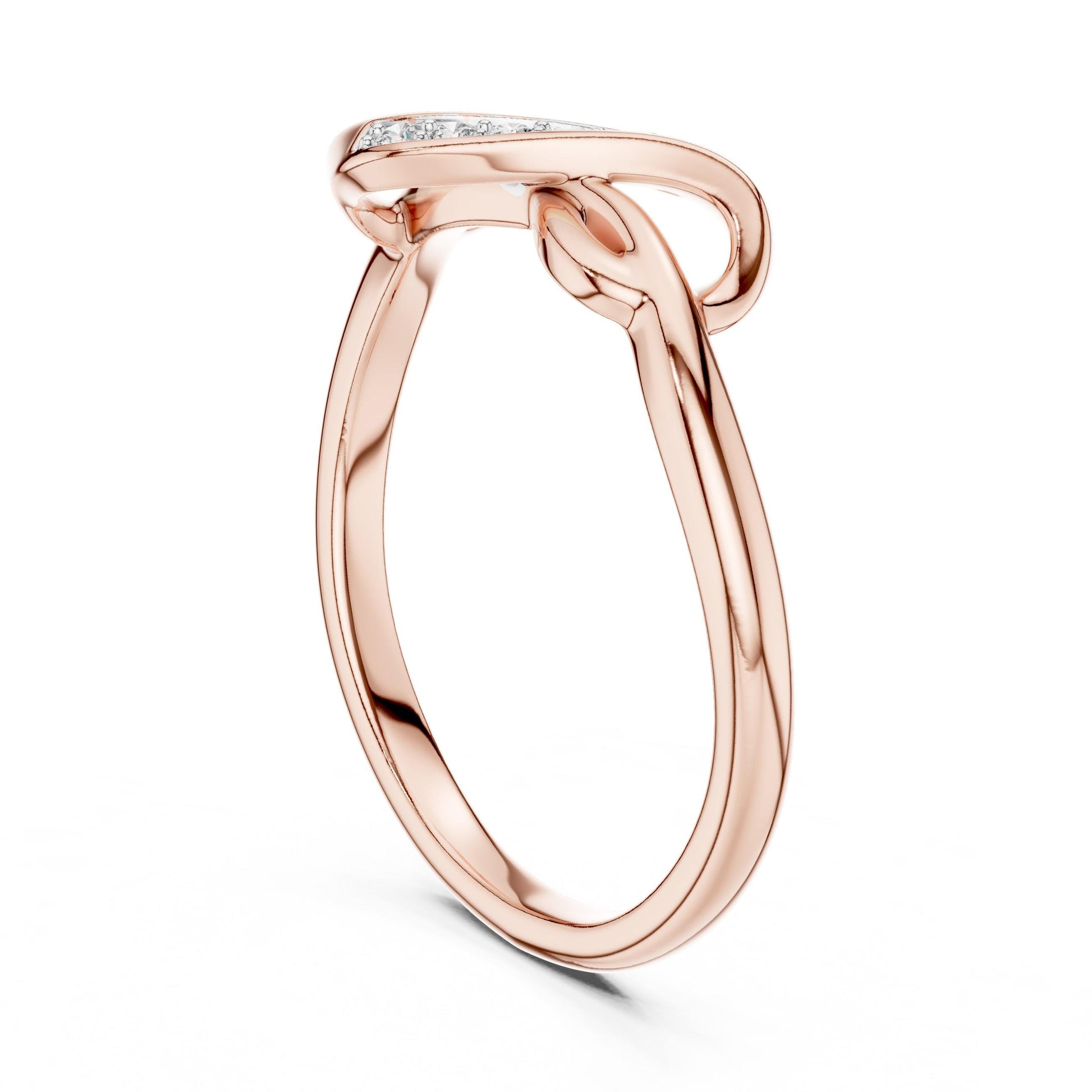 Riora Infinity Knot Moissanite diamond ring, dainty minimalist promise band with stackable design and infinity symbol.