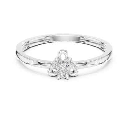 Dainty rose gold moissanite flower ring with delicate floral design, stackable promise band, and engagement jewelry from Riora.