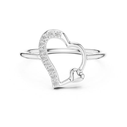 Riora moissanite heart ring with open band in rose gold and silver, minimalist romantic jewelry for women, detailed close-up image