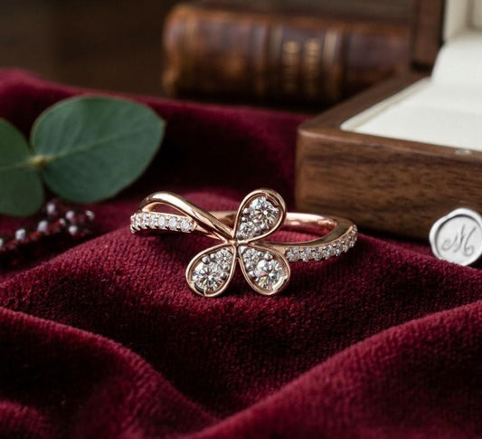 Riora moissanite butterfly ring with nature-inspired design, featuring diamond look details on gold, rose gold, and silver bands for women.