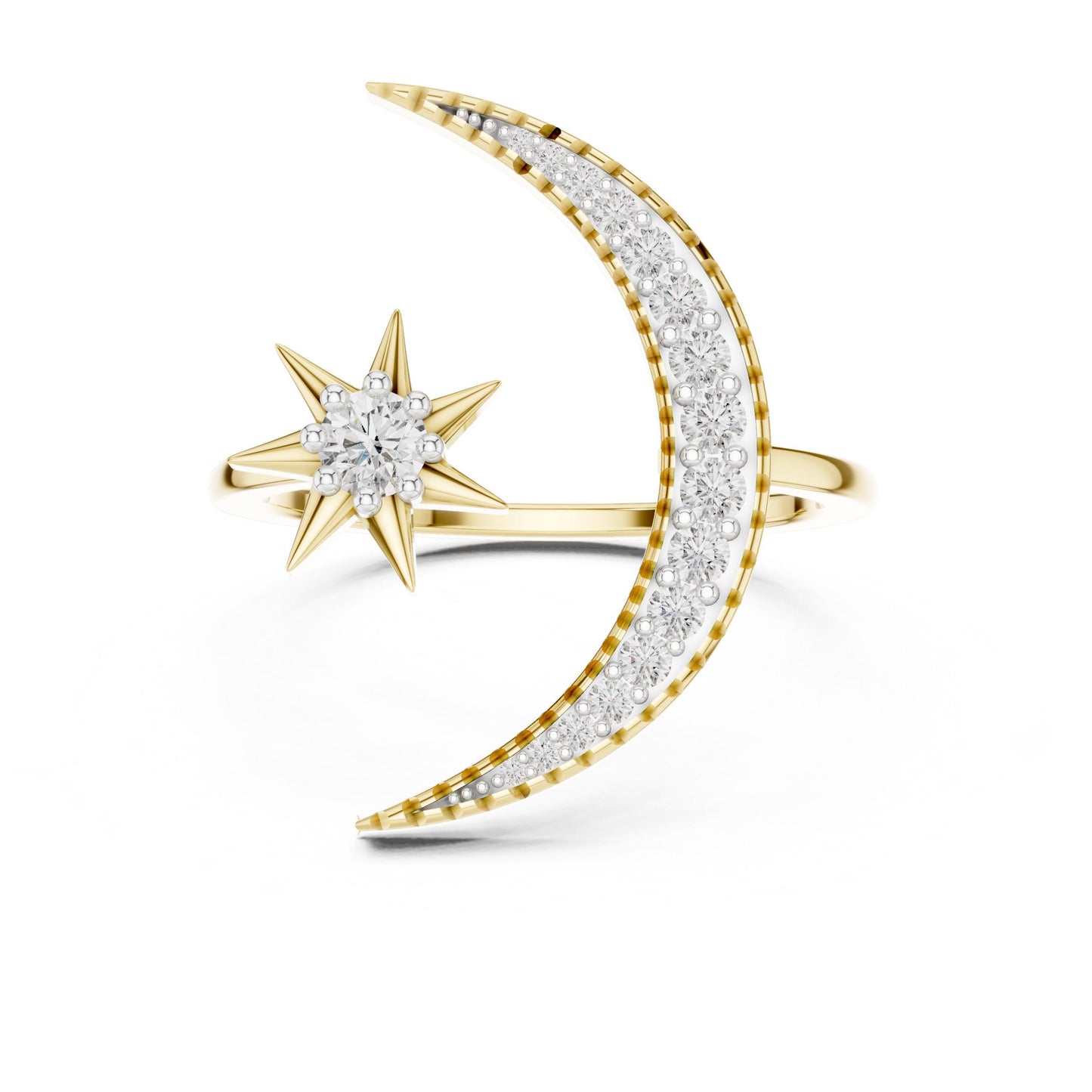 Riora celestial moon and star ring with moissanite and crescent diamond in rose gold, featuring an astral design for engagement or promise.