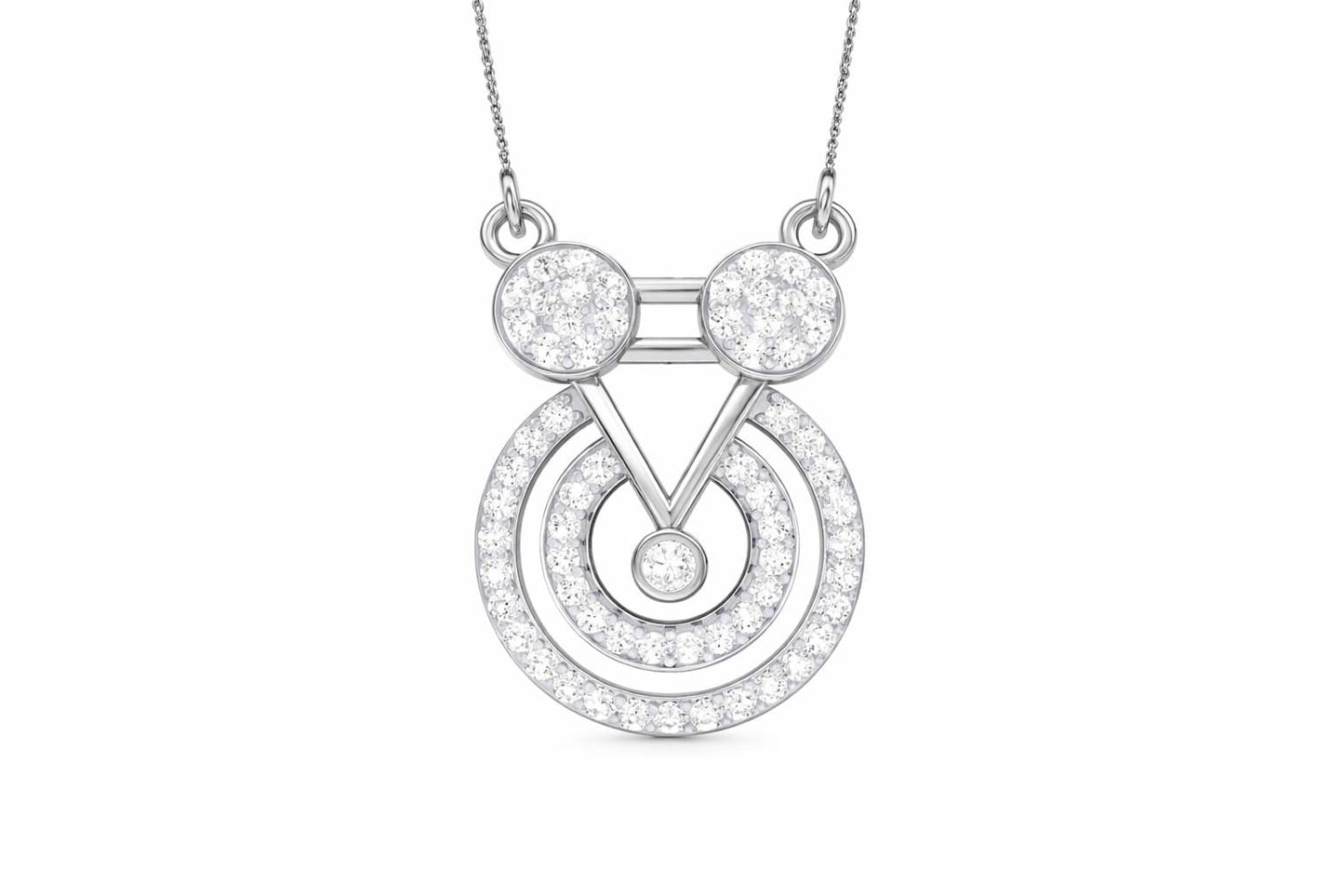 Riora Moissanite geometric pendant necklace in gold, rose gold, or silver with a dainty circular charm, minimalist bridal jewelry