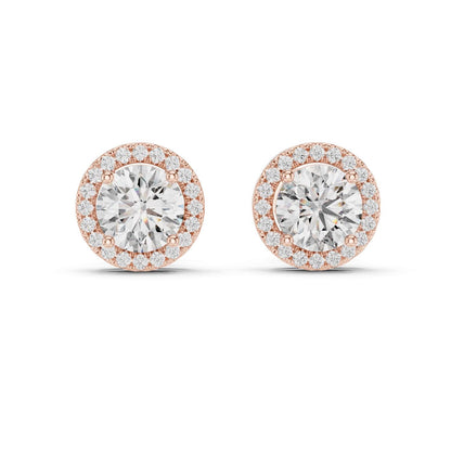Riora Halo moissanite diamond stud earrings in gold and silver, minimalist bridal jewelry with a sleek, elegant design