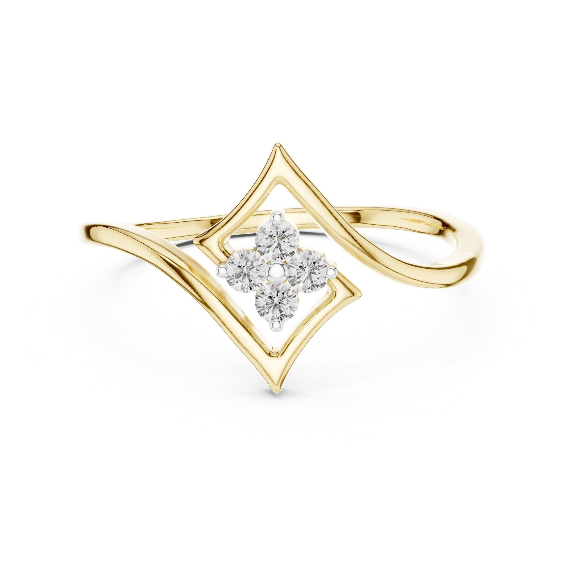 Riora Moissanite flower diamond ring with gold, rose gold, and silver bands featuring a minimalist floral design and unique statement style.