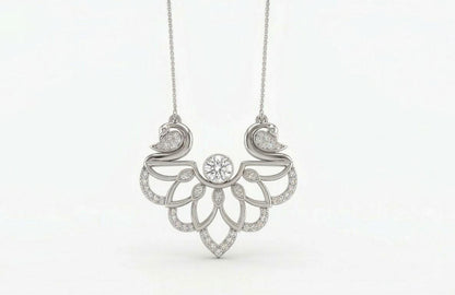 Elegant swan-shaped moissanite necklace by Riora featuring a rose gold pendant, romantic jewelry for bridal or special occasions.