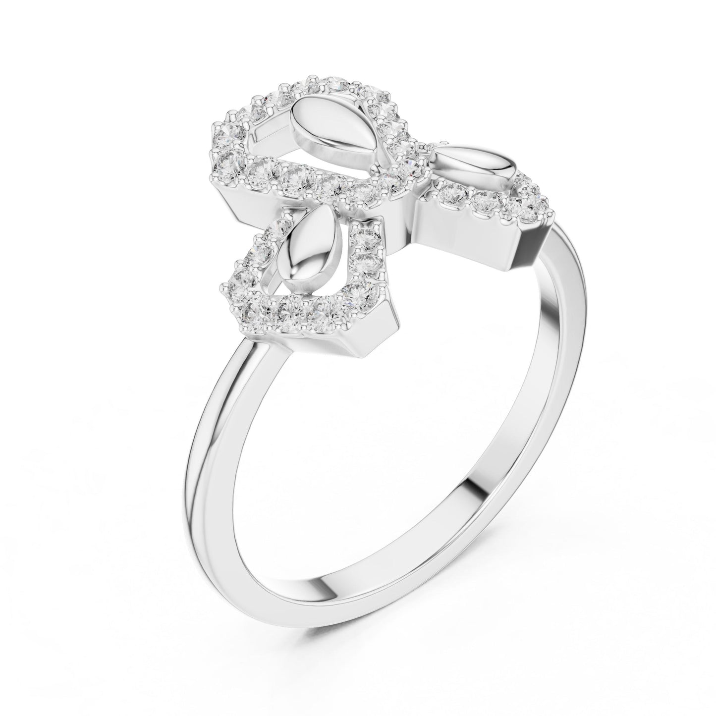 Rose gold moissanite diamond ring with a bow knot design, minimalist and dainty bridal jewelry by Riora.