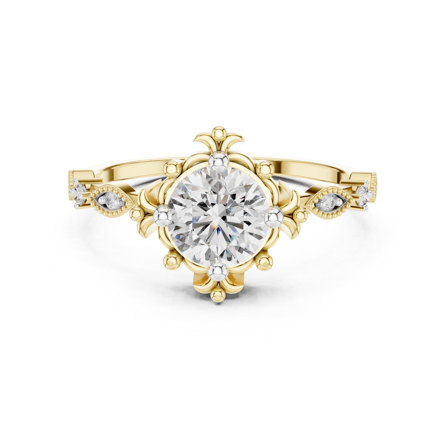 Rose gold floral moissanite engagement ring with round cut center stone and antique-inspired design, perfect for bridal wedding jewelry.