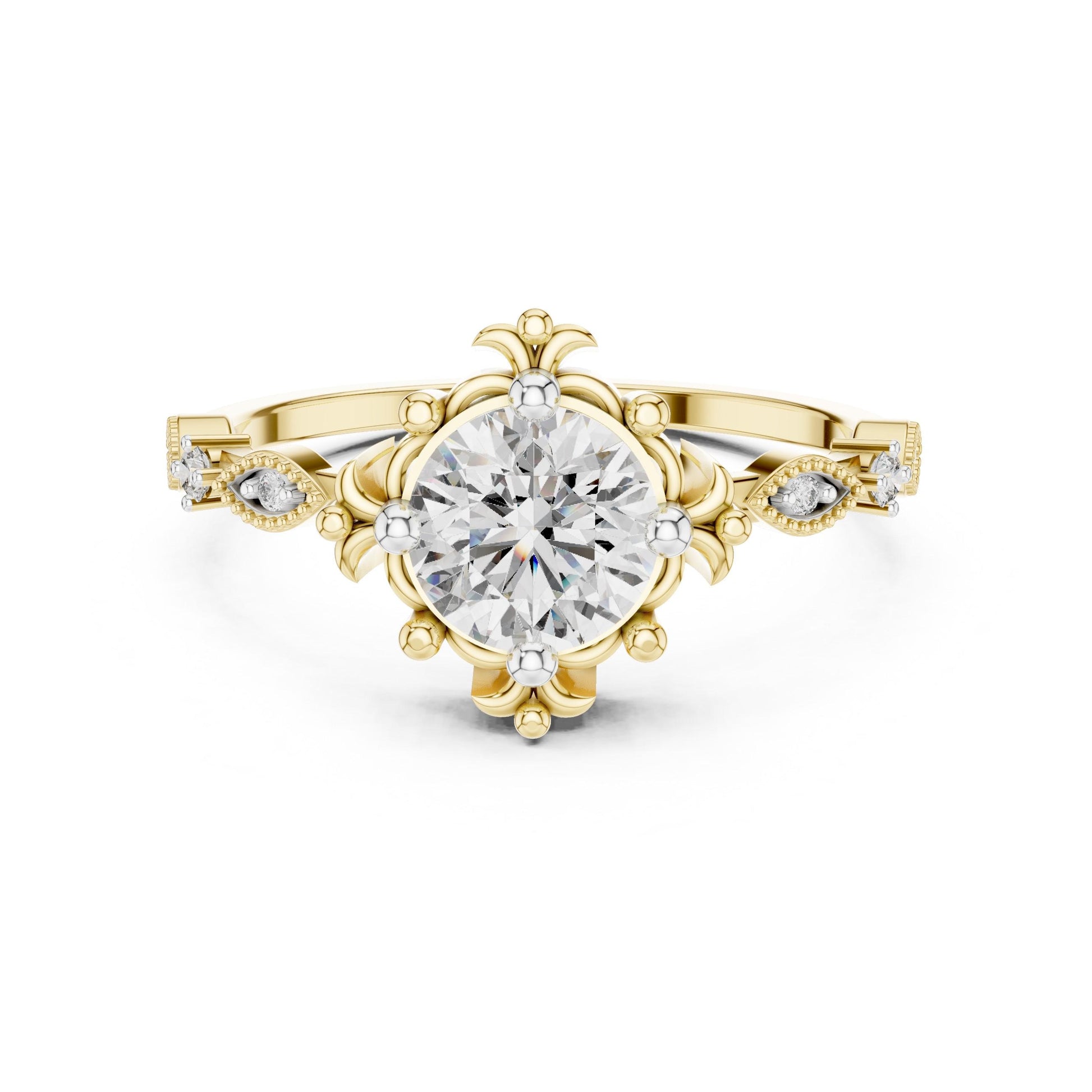 Rose gold floral moissanite engagement ring with round cut center stone and antique-inspired design, perfect for bridal wedding jewelry.