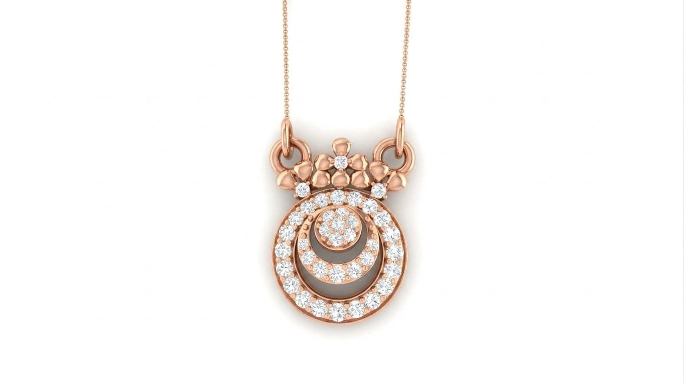 Rose gold Moissanite halo pendant necklace with a circular design, elegant minimal bridal jewelry by Riora for women.