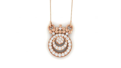 Rose gold Moissanite halo pendant necklace with a circular design, elegant minimal bridal jewelry by Riora for women.